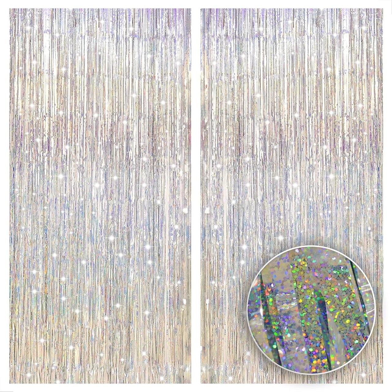 Iridescent Silver Backdrop Curtain - XtraLarge, 3.2x8 Feet Pack of 2 | Silver Fringe Backdrop | Silver Streamer Backdrop, Iridescent Ramadan Decorations for Home | Graduation Decorations